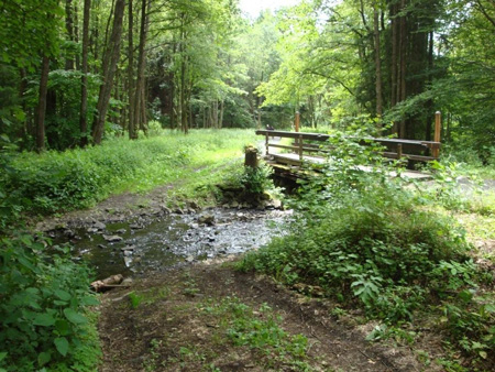 Holzbrücke und Wagenfurt zur Überquerung des Baches
